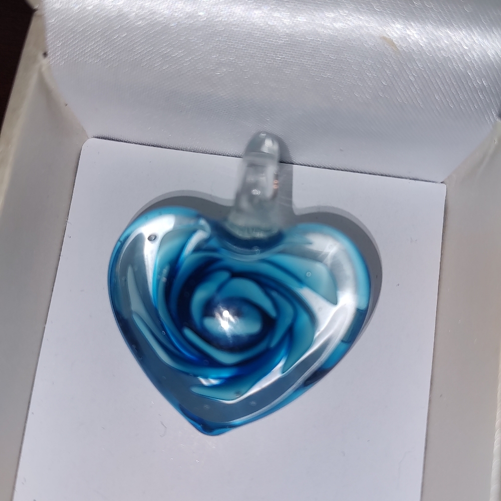 Blue Handblown Glass Pendant Heart  with Swirling Design